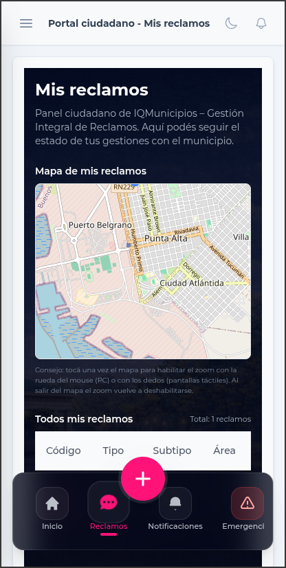 Mis reclamos — mapa y seguimiento